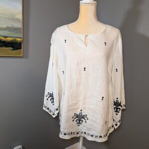Edward Women's Irish Linen Blouse White with Black Embroidery Size L